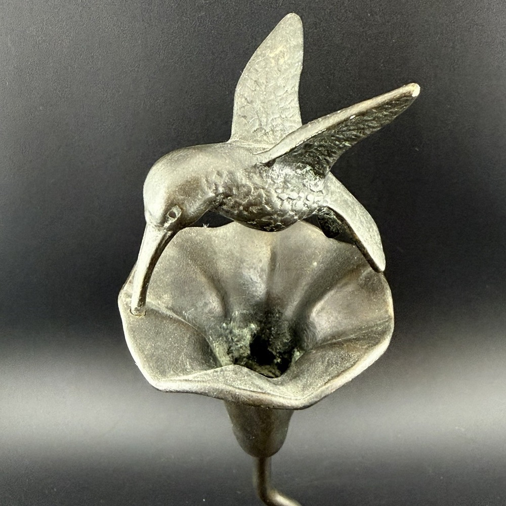 Vintage Bronze Hummingbird Sculpture Trumpet Vine Leaf Base Green Patina 80s - Picture 2 of 7